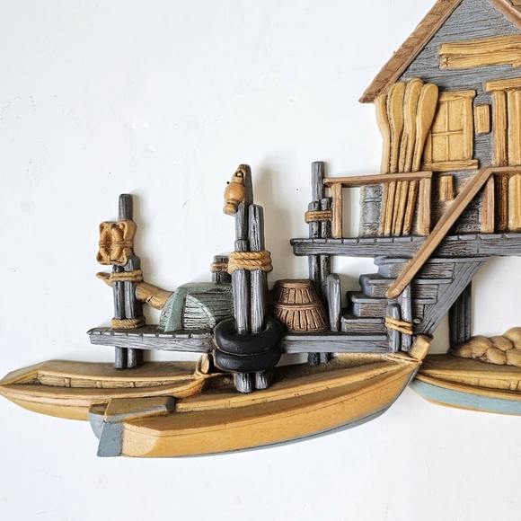Pair of 1970's Burwood 3D Wall Hanging Seaside Vtg Set Fishing Wharf Boat Dock - Picture 7 of 16